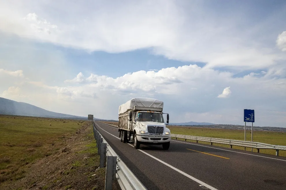 An old white truck moving down the road