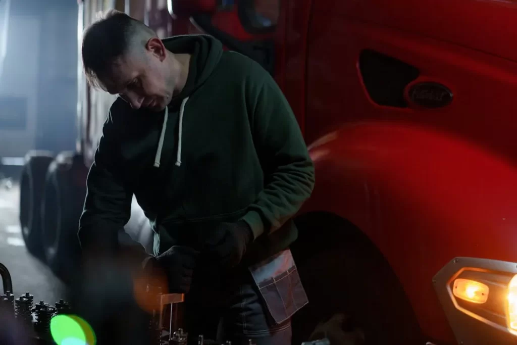 Man in Green Hoodie Standing Beside Red Truck