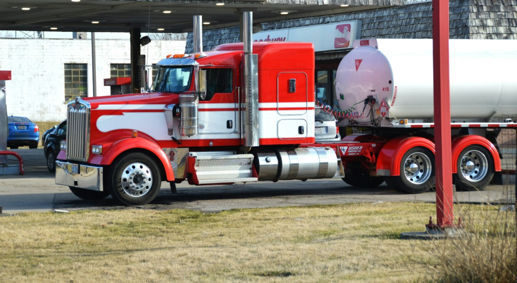 A large commercial truck parked outside.